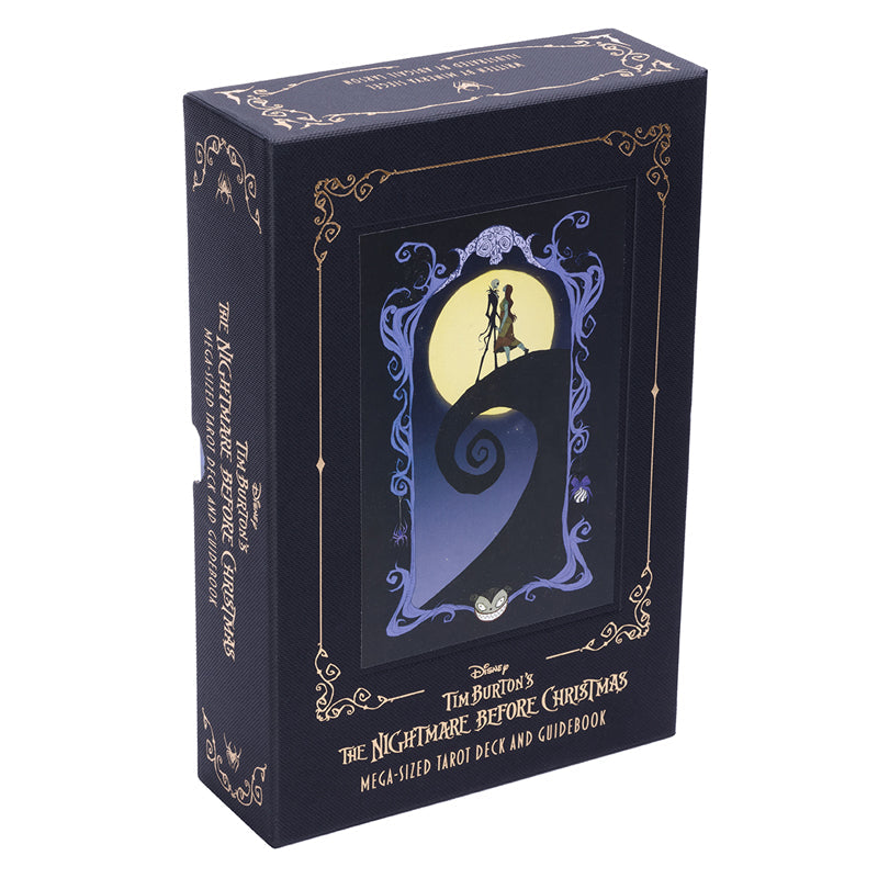 Card deck and guidebook packaging for 'The Nightmare Before Christmas' with decorative design on a white background.