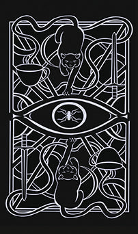 Decorative card with black cats, an eye, and spider design on a black background