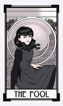 Tarot card featuring a character labeled 'The Fool' in a stylized design.