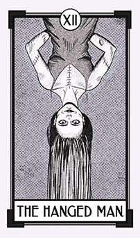 Tarot card featuring 'The Hanged Man' with a black and white illustration.