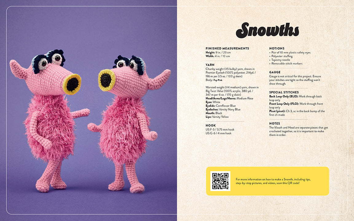 A two-page spread from the book featuring instructions for making crochet Snowths.