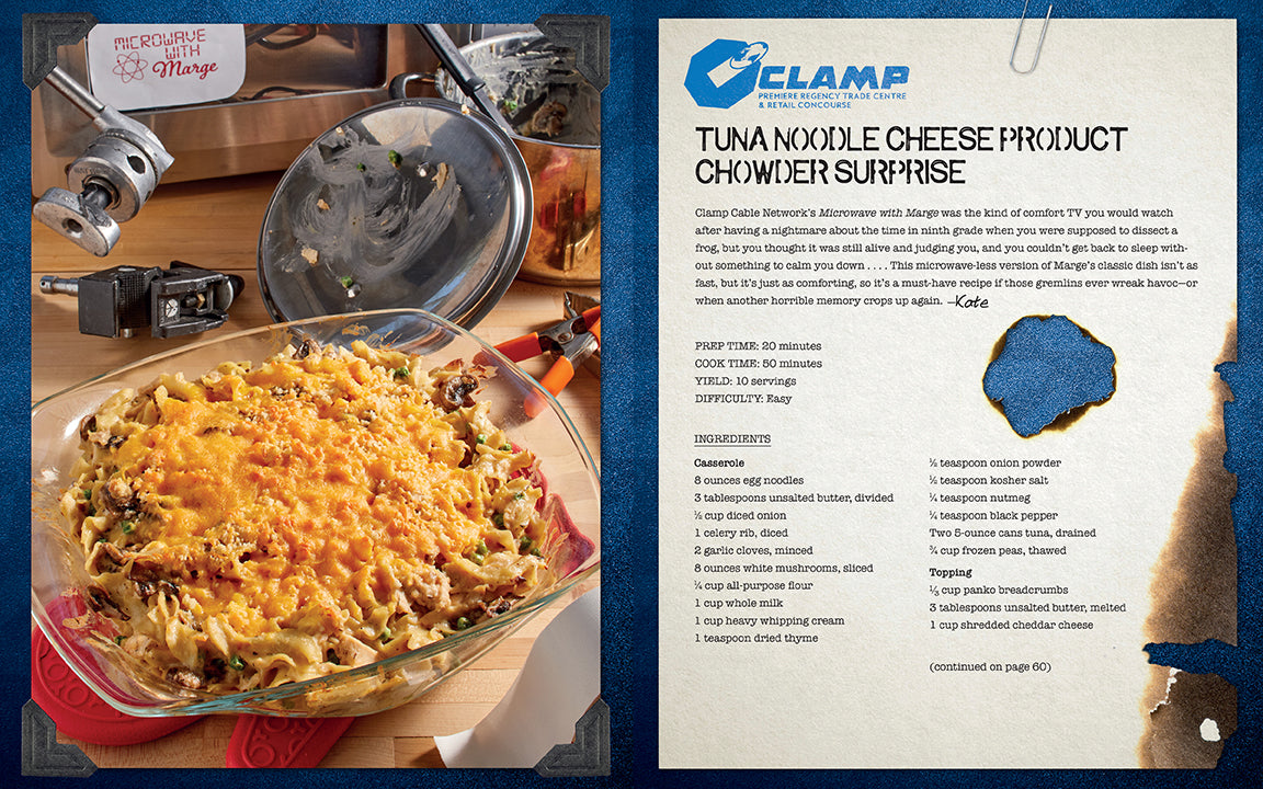 Tuna noodle cheese product with a recipe card on a blue background