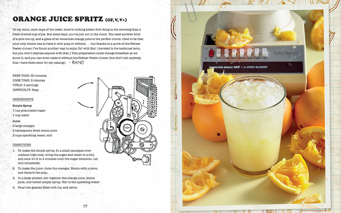 Recipe for an orange juice spritz with a glass of the drink surrounded by oranges and a mixer.