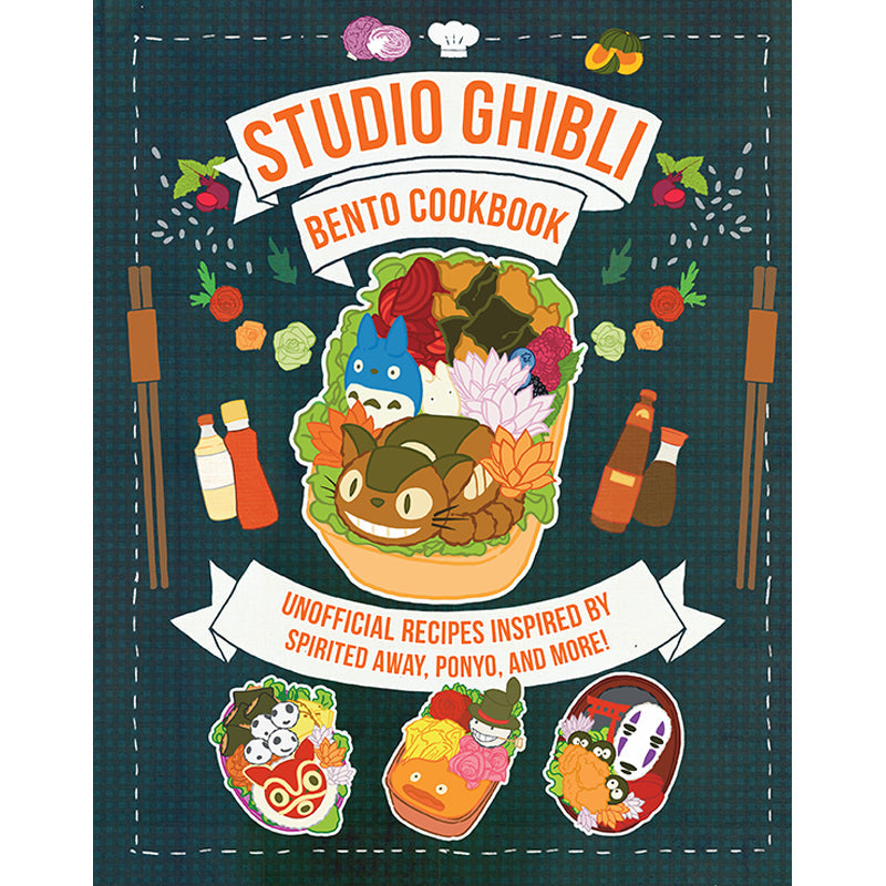 Studio Ghibli Bento Cookbook cover with illustrations of bento boxes and characters on a dark green background.