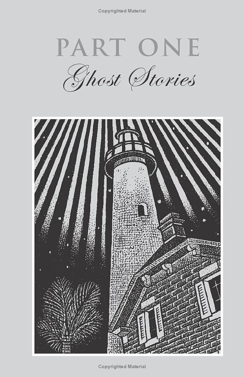 A grey page titled "Part One: Ghost Stories" with a large woodcut-style illustration of a lighthouse towering above a smaller building.