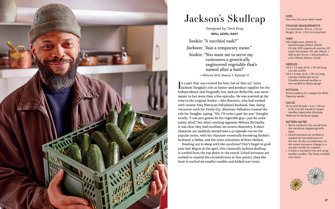 A two-page spread from the book. On the left is the character Jackson, wearing a brown plaid skullcap and carrying a plastic bin filled with cucumbers. Behind him is a kitchen shelf with copper pots and pans. On the right are instructions on how to knit the skullcap.