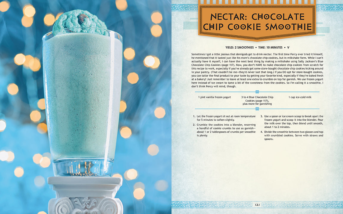 Chocolate chip cookie smoothie in a glass with a recipe card on a blue background
