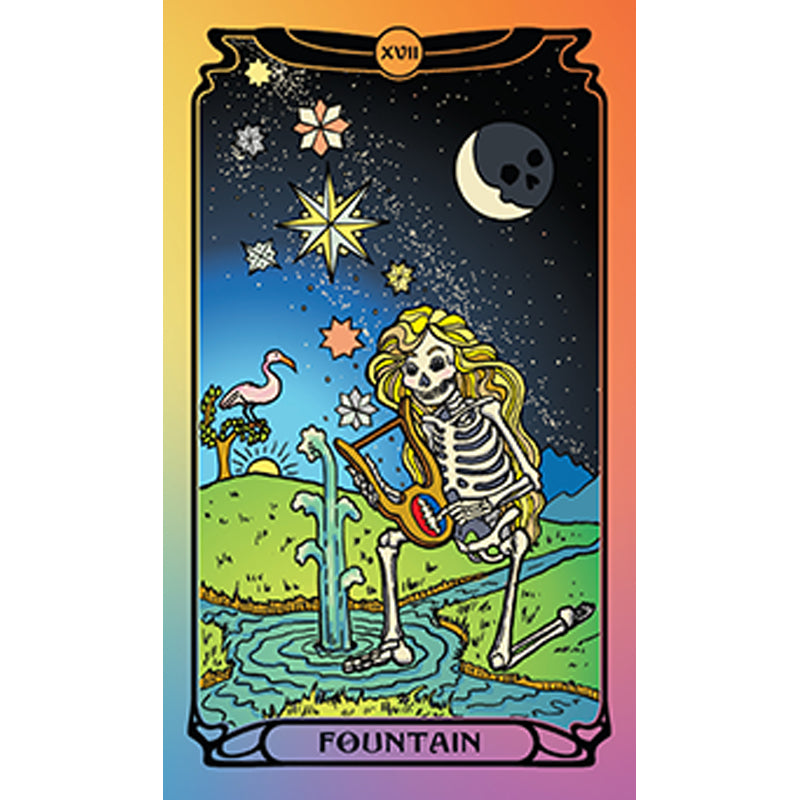 Tarot card titled 'Fountain' featuring a skeleton playing guitar by a pond with a colorful border.