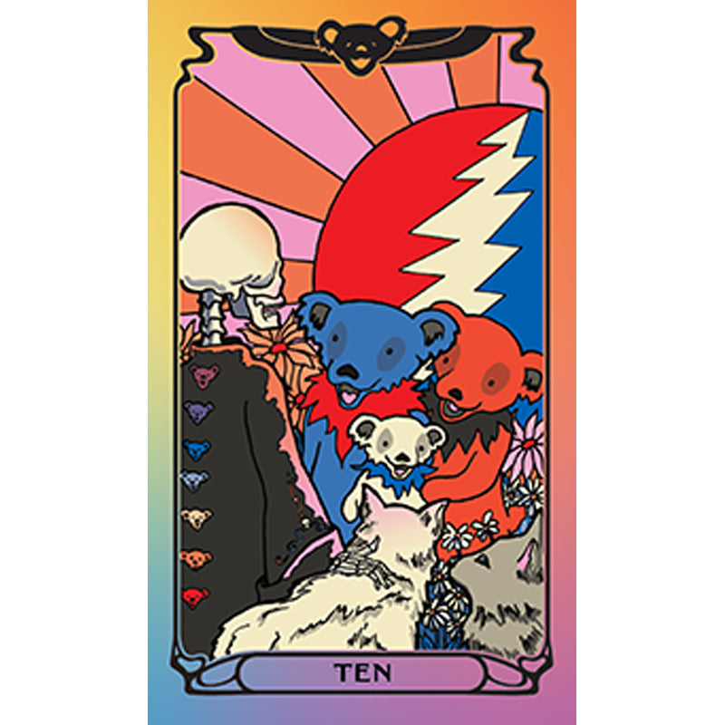 Colorful card with cartoon bears and a wolf, featuring a rainbow gradient background.