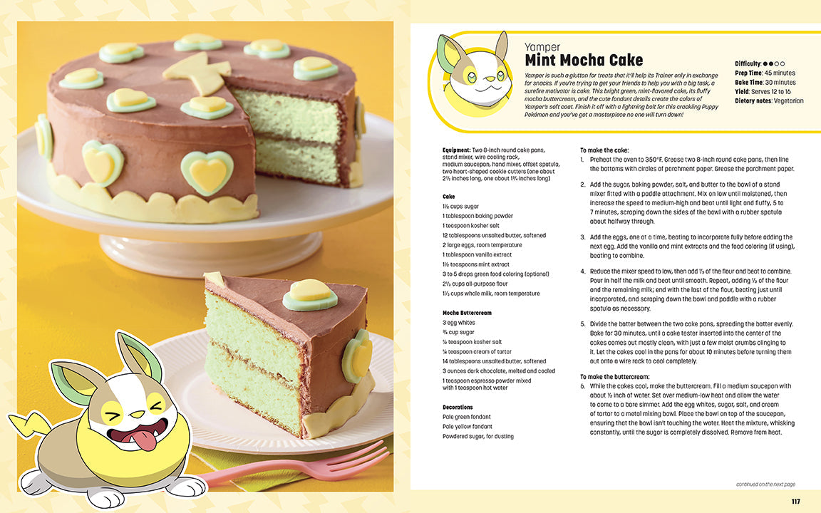 Mint Mocha Cake with a slice cut out on a cake stand, surrounded by recipe text and illustrations of cartoon characters.