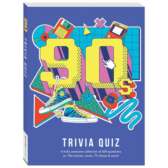 A dark blue book on a white background. The cover depicts drawings of pop culture references from the 1990s. Yellow and white text says "90s trivia quiz. A hella awesome collection of 600 questions on 90s movies, music, TV shoes & more!"