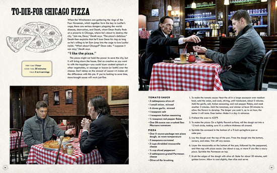 Load image into Gallery viewer, A two-page spread from the book. A recipe for to-die-for chicago pizza is written across both pages. At the top right corner and bottom left corner are two images of Dean Winchester sitting at a table with Death.
