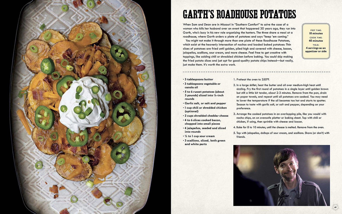 A two-page spread from the book. On the left is a plate of fried potaties with cheese, jalapeno peppers, bacon, and other toppings. On the right is a recipe for Garth's Roadhouse Potatoes.