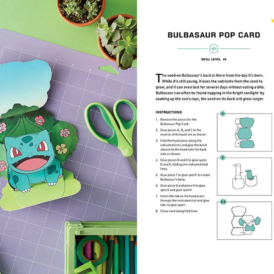 A page from the book. The page describes how to create a Bulbasaur pop card, with an image of the finished project on the left.