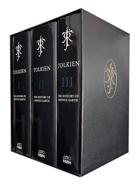 A boxed set of 3 hardover volumes of "The History of Middle-Earth" with black spines, within a black faux-leather slipcase. 
