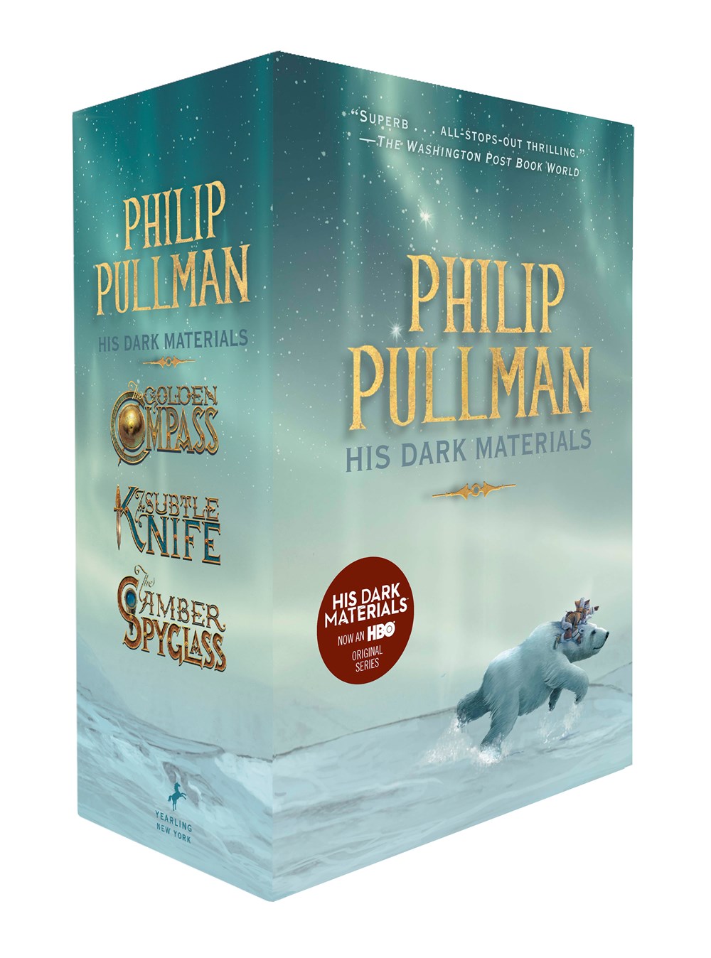 Load image into Gallery viewer, The outer slipcase of the His Dark Materials boxed set, featuring the series and book titles, author name (Philip Pullman), and a polar bear in a tundra landscape.
