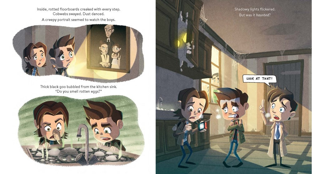 A preview page spread of the picture book, depicting Sam, Dean, and Castiel investigating inside an old, cobwebbed house.
