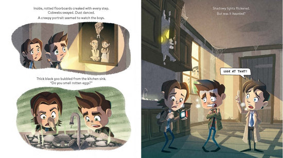 A preview page spread of the picture book, depicting Sam, Dean, and Castiel investigating inside an old, cobwebbed house.