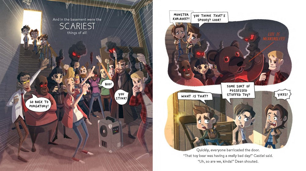 A preview page spread of the picture book, depicting Sam, Dean, and Castiel investigating inside an old, cobwebbed house, and stumbling upon a party in the basement. 