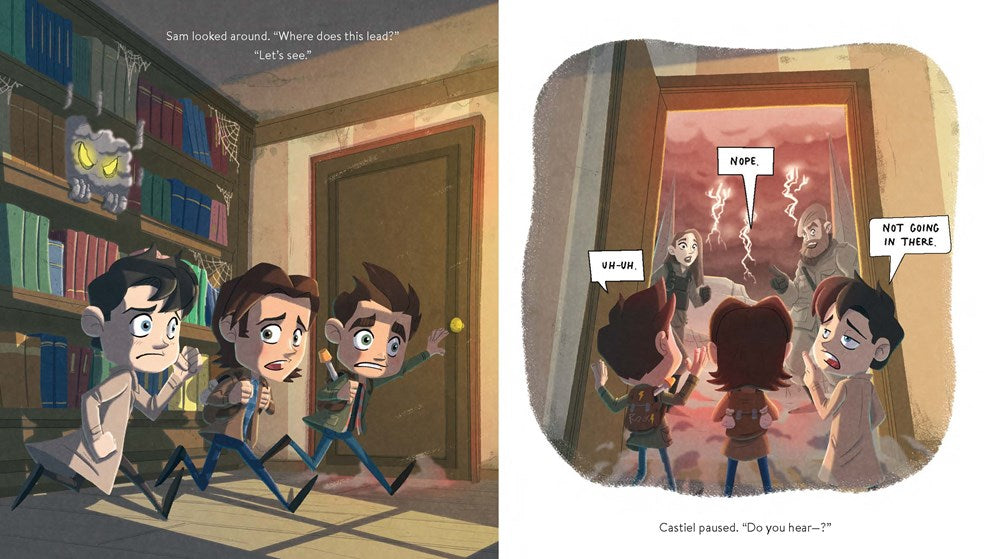 A preview page spread of the picture book, depicting Sam, Dean, and Castiel investigating inside an old, cobwebbed house, and stumbling upon a spooky library.