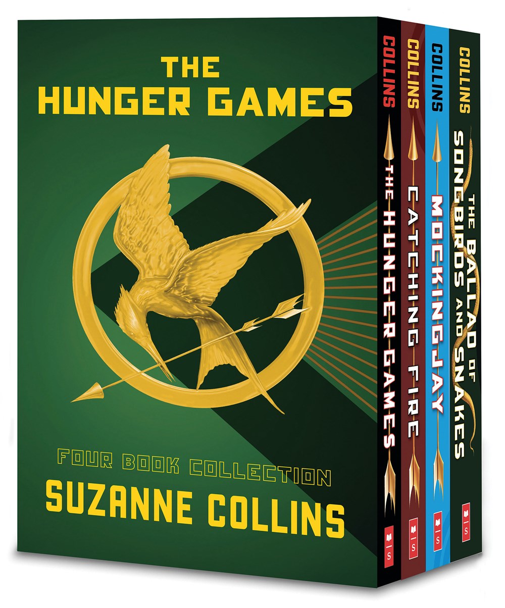 Load image into Gallery viewer, A boxed set of all 4 titles in the Hunger Games series, showing the paperback spines within a pine green slipcase with the series title and a Mockingjay on the front.
