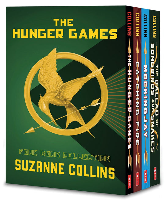 Load image into Gallery viewer, A boxed set of all 4 titles in the Hunger Games series, showing the paperback spines within a pine green slipcase with the series title and a Mockingjay on the front.
