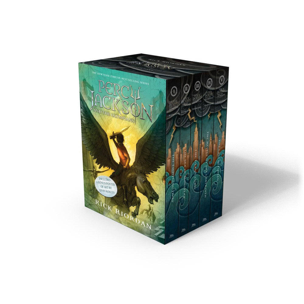 Load image into Gallery viewer, The boxed set of Percy Jackson and the Olympians featuring the original 5 books in the series with green-toned covers.

