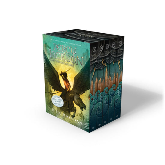 The boxed set of Percy Jackson and the Olympians featuring the original 5 books in the series with green-toned covers.