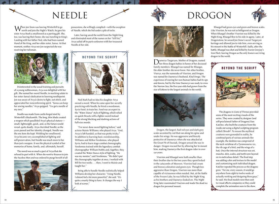 A two-page spread from the book, describing characters and items from the TV series Game of Thrones.