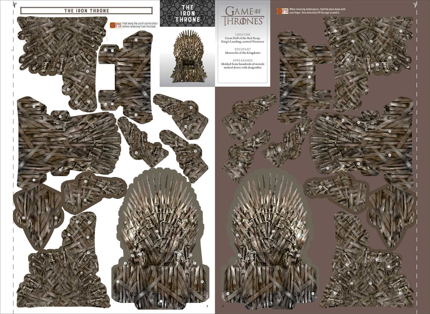 A two-page spread from the book, with paper model pieces used to construct a replica of the Iron Throne.