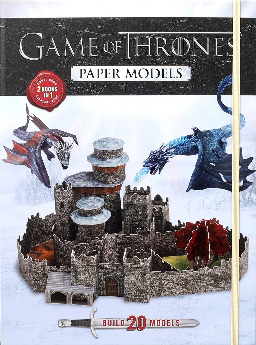 A cardboard box on a white background. The cover depicts a scene from the TV series Game of Thrones, with two paper model dragons attacking a paper model castle. White text says "Game of Thrones paper models."