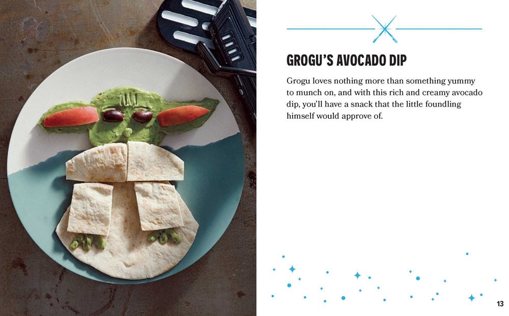 A two-page spread from the book. On the left is an image of avocado dip and tortillas in the shape of Baby Yoda. On the right is a brief description of the dish in black text.
