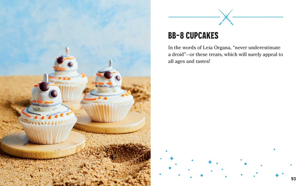 A two-page spread from the book. On the left is an image of cupcakes shaped like BB-8. On the right is a description of the cupcakes in black text.