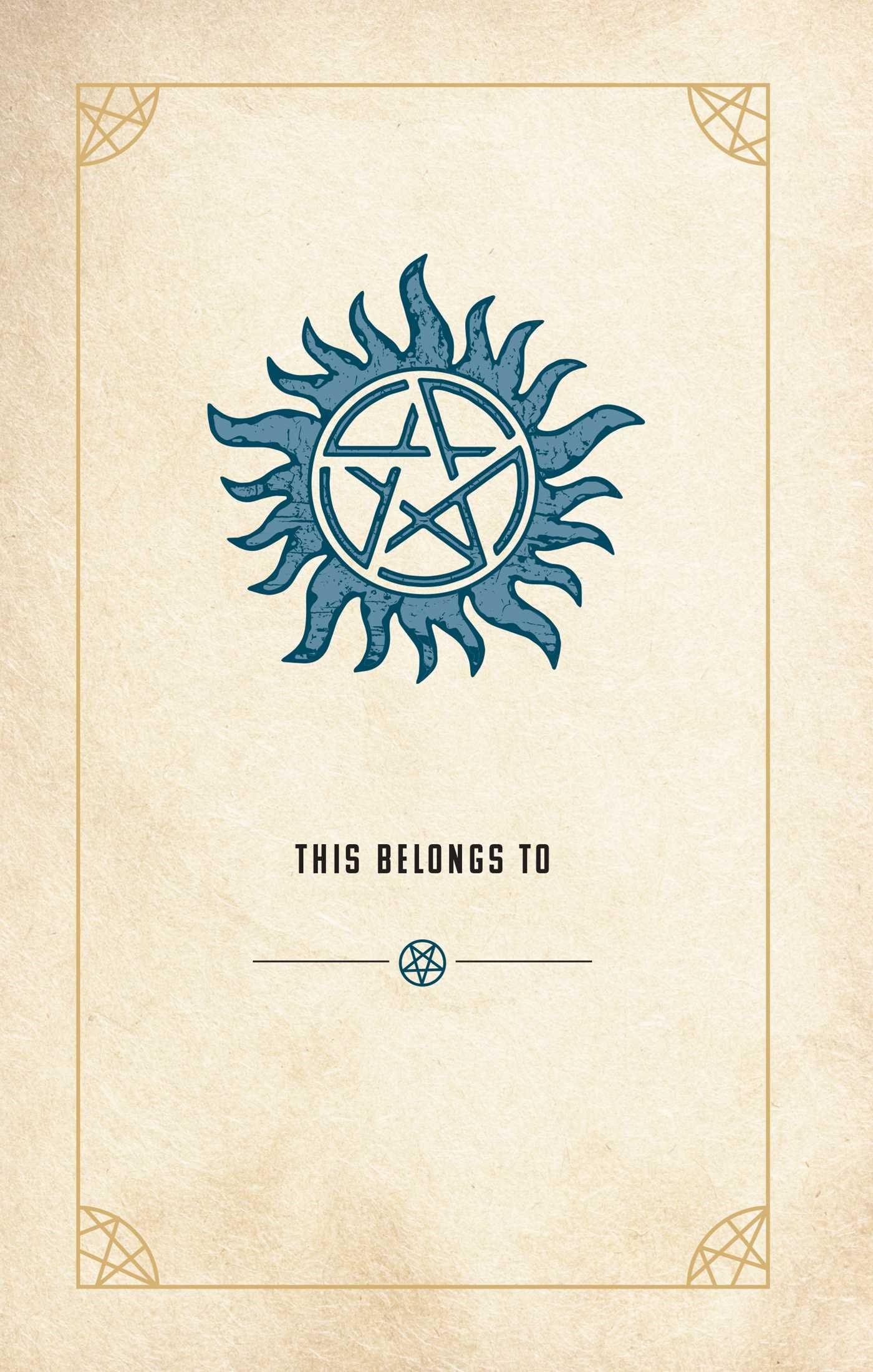 A yellow page from the book with a blue anti-possession symbol at the top. Text in the middle says "this belongs to" with a blank line under.