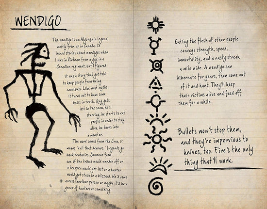 A two-page spread from the book. Black text describes a Wendigo, with a crude drawing of the monster on the left page. On the right are various symbols in black ink.