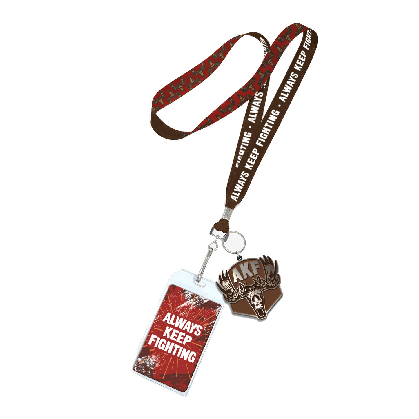 A red plaid lanyard with white text saying "always keep fighting." Attached to the lanyard is a pendant depicting a moose head and antlers, with the letters AKF in silver at the top,