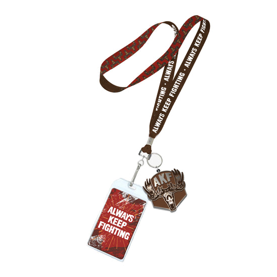 A red plaid lanyard with white text saying "always keep fighting." Attached to the lanyard is a pendant depicting a moose head and antlers, with the letters AKF in silver at the top,