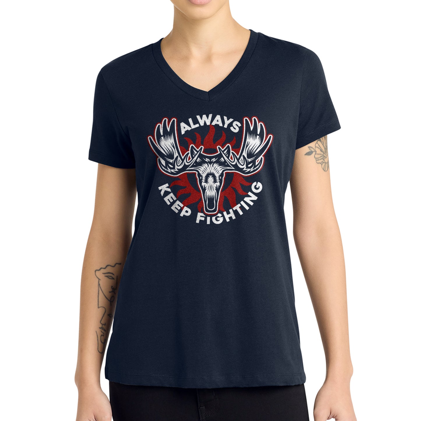 A model wearing a navy blue v-neck tee shirt. On the front is a depiction of a moose head, with "always keep fighting" in white text.