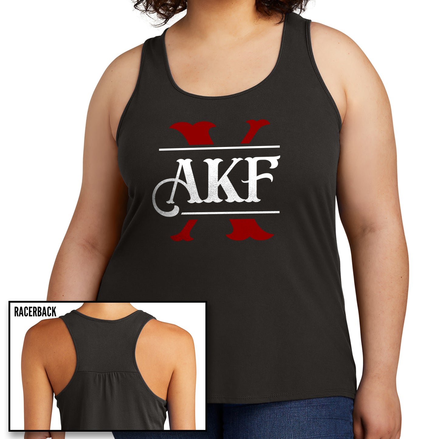 Two images of a female model wearing a dark grey racerback tank top. The front features a large red X, with AKF in white above it.