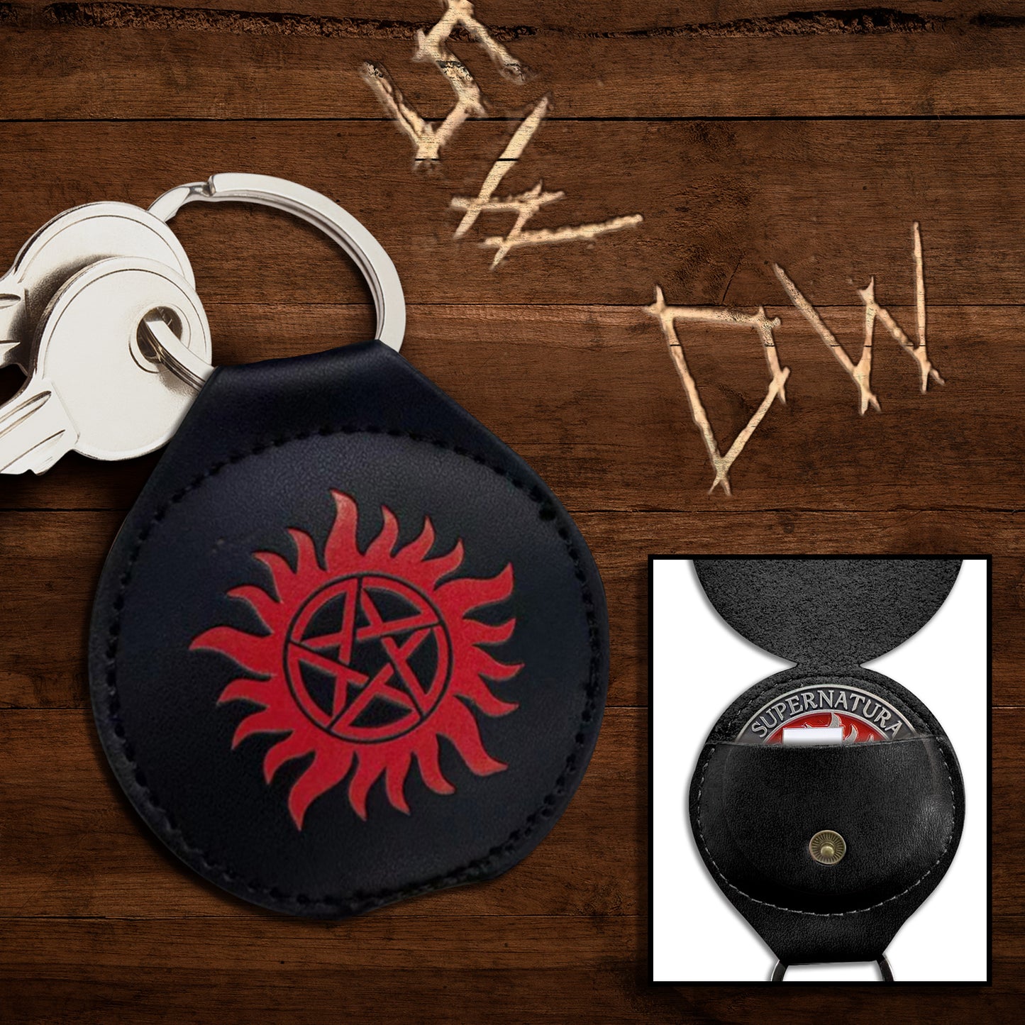 Load image into Gallery viewer, A round, black coin holder with two keys on a key ring at the top. In the center is a red embossed image of a the anti-possession symbol. Behind the holder is a wooden table with the initials SW and DW carved into it. At the bottom right is an inset image of holder opened up with a Challenge Coin inside.
