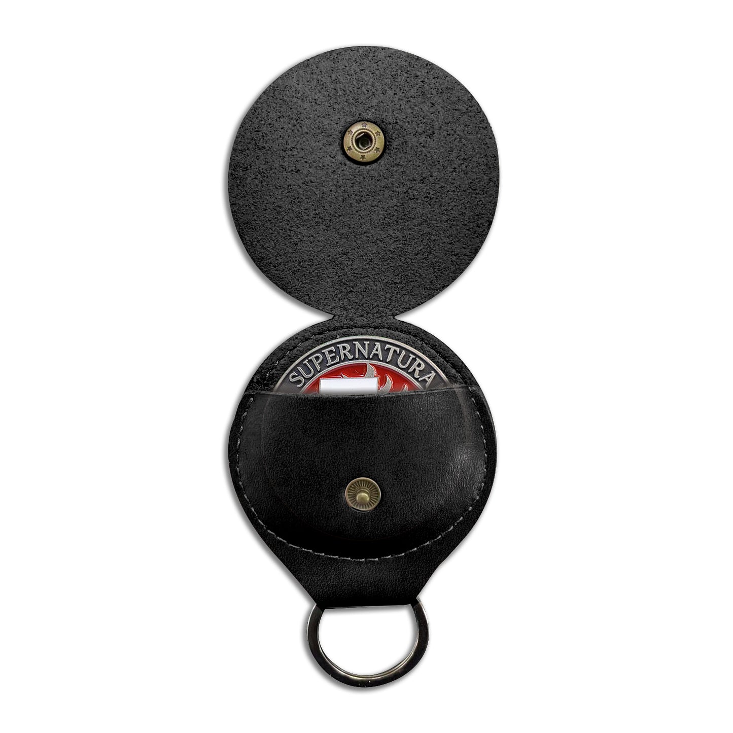 Load image into Gallery viewer, A round, black coin holder with a key ring, spread open. In the coin holder slot, the top edge of a brass coin is partially sticking out. A brass snap fastener is in the center of each section of the coin holder.
