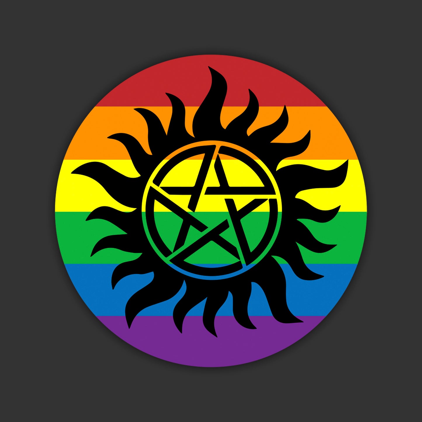A window sticker depicting the anti-possession symbol in black against a rainbow circle