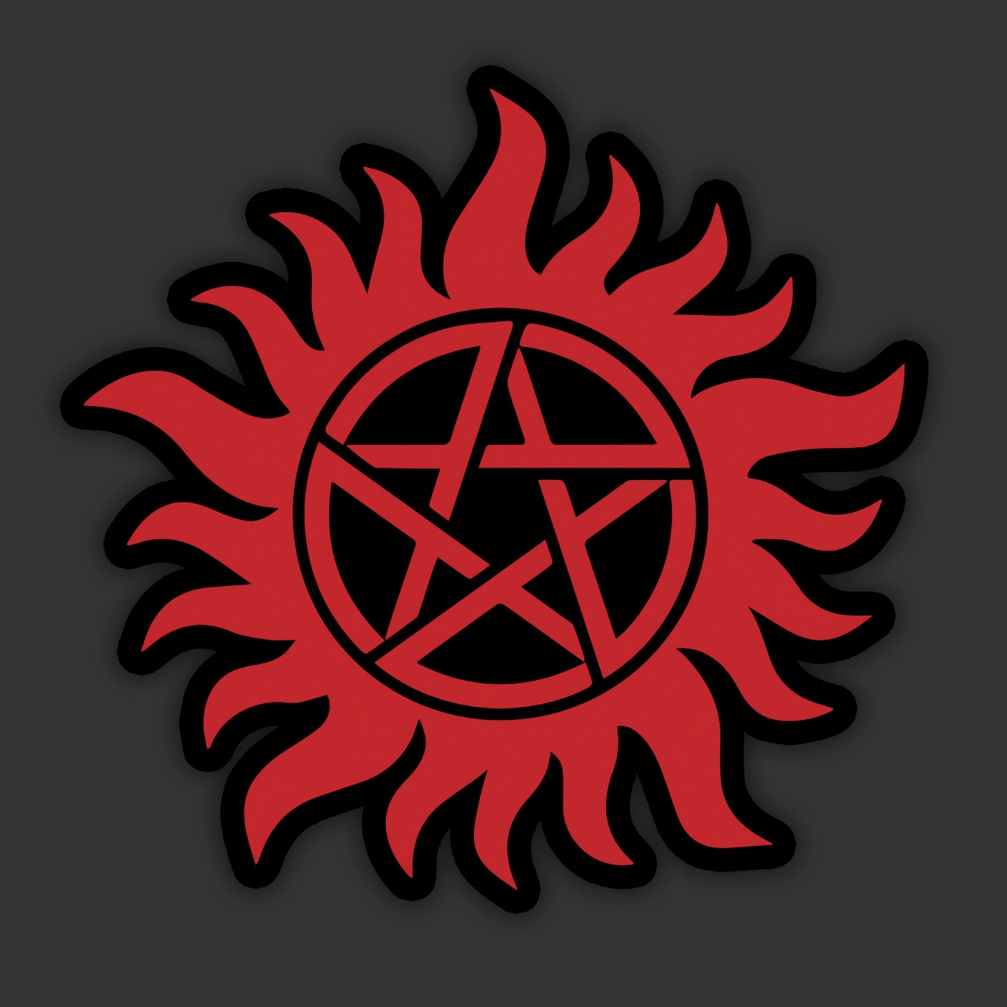 A window sticker depicting the anti-possession symbol in black and red