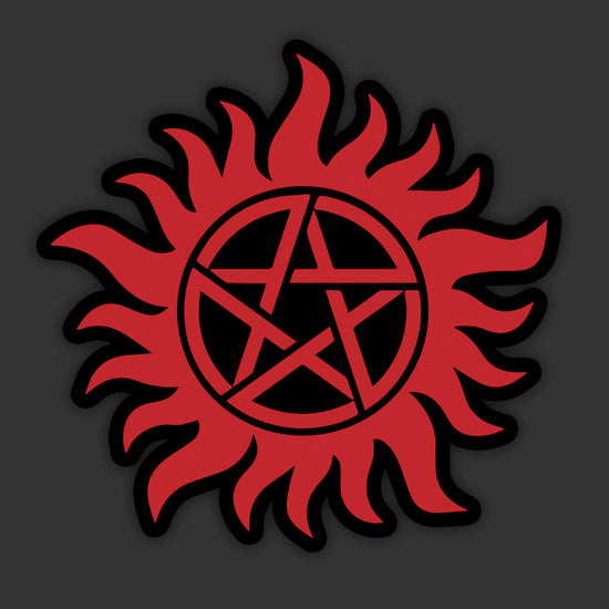 A window sticker depicting the anti-possession symbol in black and red