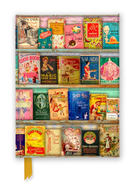 A hardcover journal on a white background. The front is covered with images of vintage cookbooks lined up on shelves.