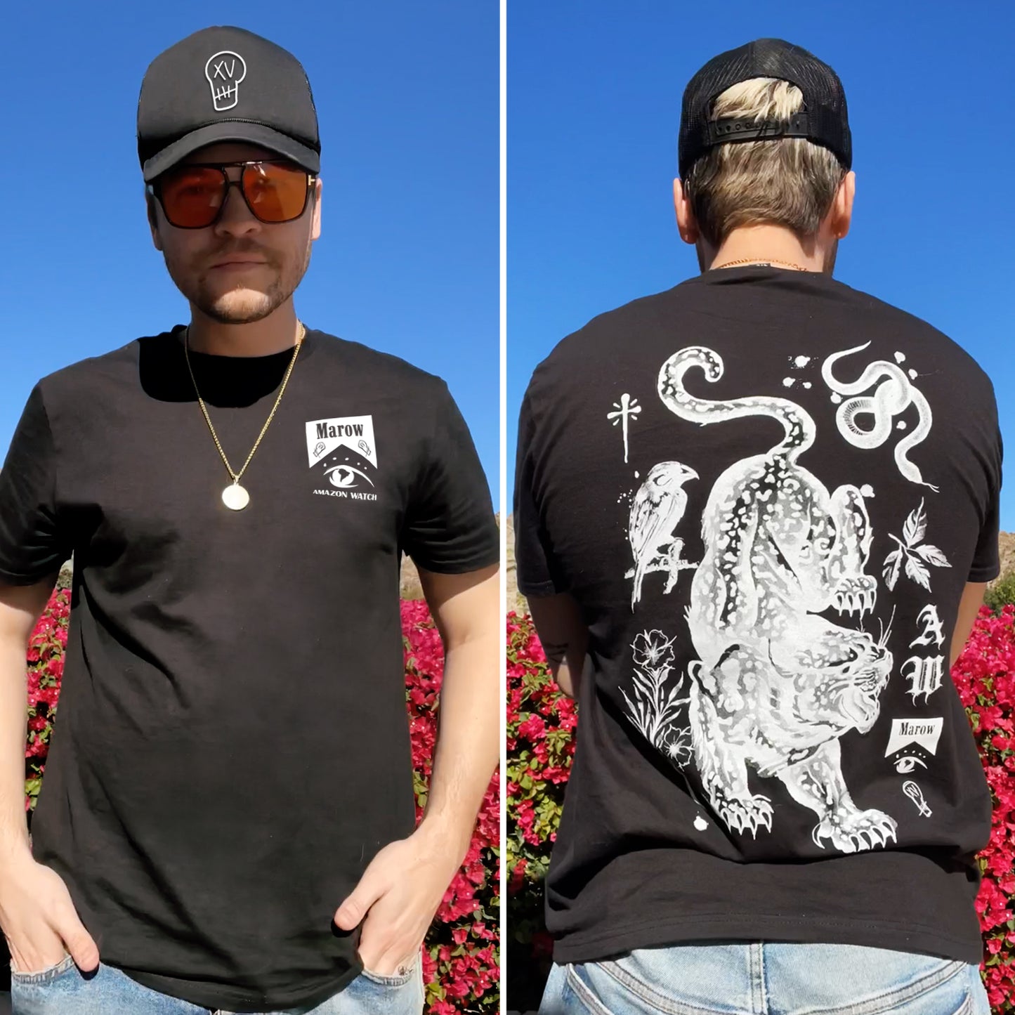 Side by side images of actor Alex Calvert wearing a black t-shirt and hat, standing in front of a hedge covered in red flowers. The left image shows the front of the shirt has a white emblem at the left breast, with the word "Marow" in black The rigth image shows the back of the shirt, which is covered in white drawings of various animals often found in the Amazon rainforest. The same emblem is visible at the bottom right corner.