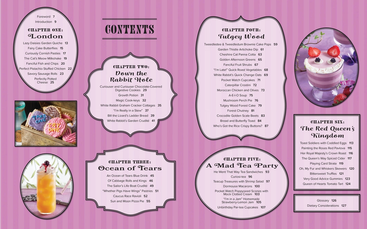 Load image into Gallery viewer, A two-page spread from the book, with a purple and pink background. Across both pages are the book&amp;#39;s table of contents in separate groupings. Images of some of the recipes are among the text.

