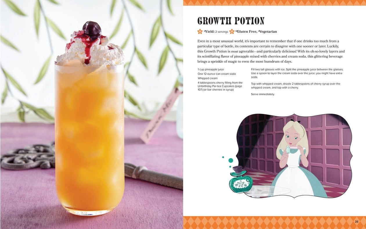 A two-page spread from the book. On the left is a glass filled with an orange beverage, topped with whipped cream and a cherry, on a purple tabletop. Behind the glass is an old fashioned key. On the right is a recipe for Growth Potion, with an image of Alice underneath.