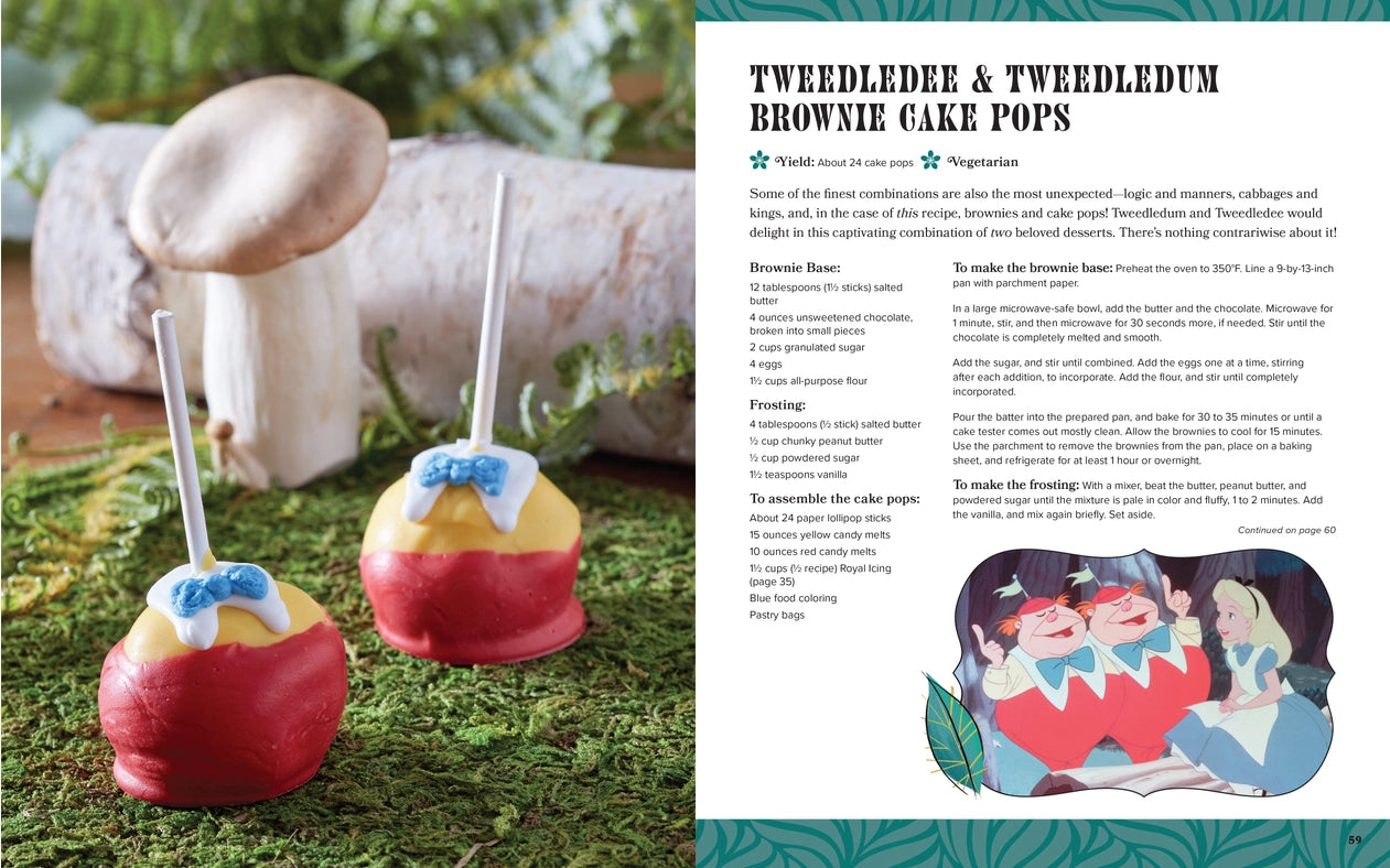 Load image into Gallery viewer, A two-page spread from the book. On the left are two cake pops, in red, yellow, white, and blue, on a grassy surface. Behind the pops is a white mushroom. On the right is a recipe for Tweedledee and Tweedledum brownie cake pops.
