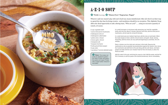A two-page spread from the book. On the left is a soup bowl, filled with alphabet soup. A spoon is above the bowl, containing letters saying "who are you." A wooden plate is under the bowl. On the right is a recipe for A-E-I-O soup.